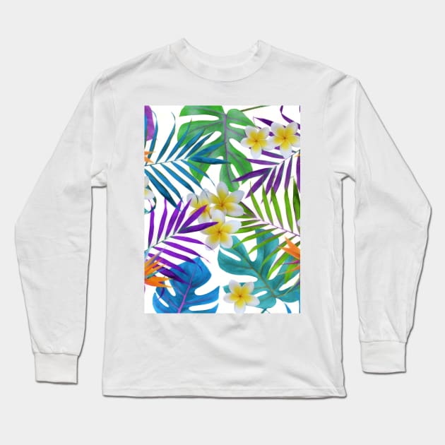 Monstera Palm Trees Plumeria Birds of Paradise Long Sleeve T-Shirt by CatyArte